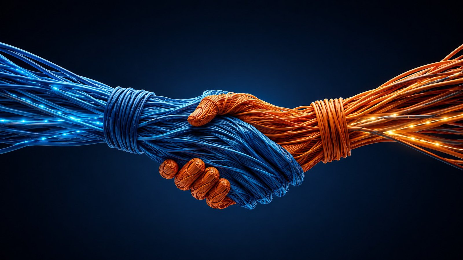Two hands formed from blue and orange cable strands shaking, representing the Cable Square and APAR dealership partnership