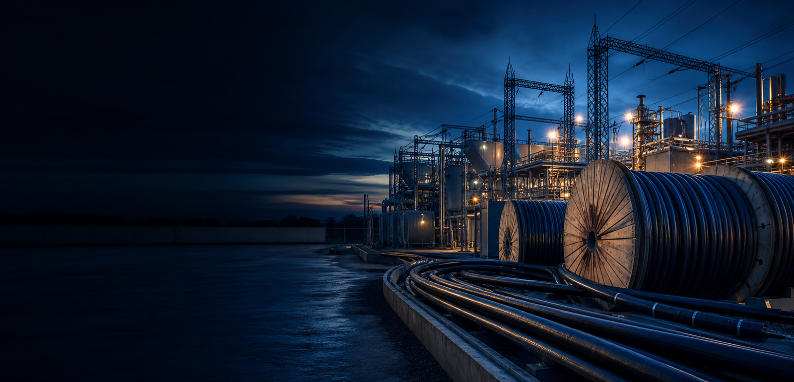 Industrial power facility with heavy-duty cable drums